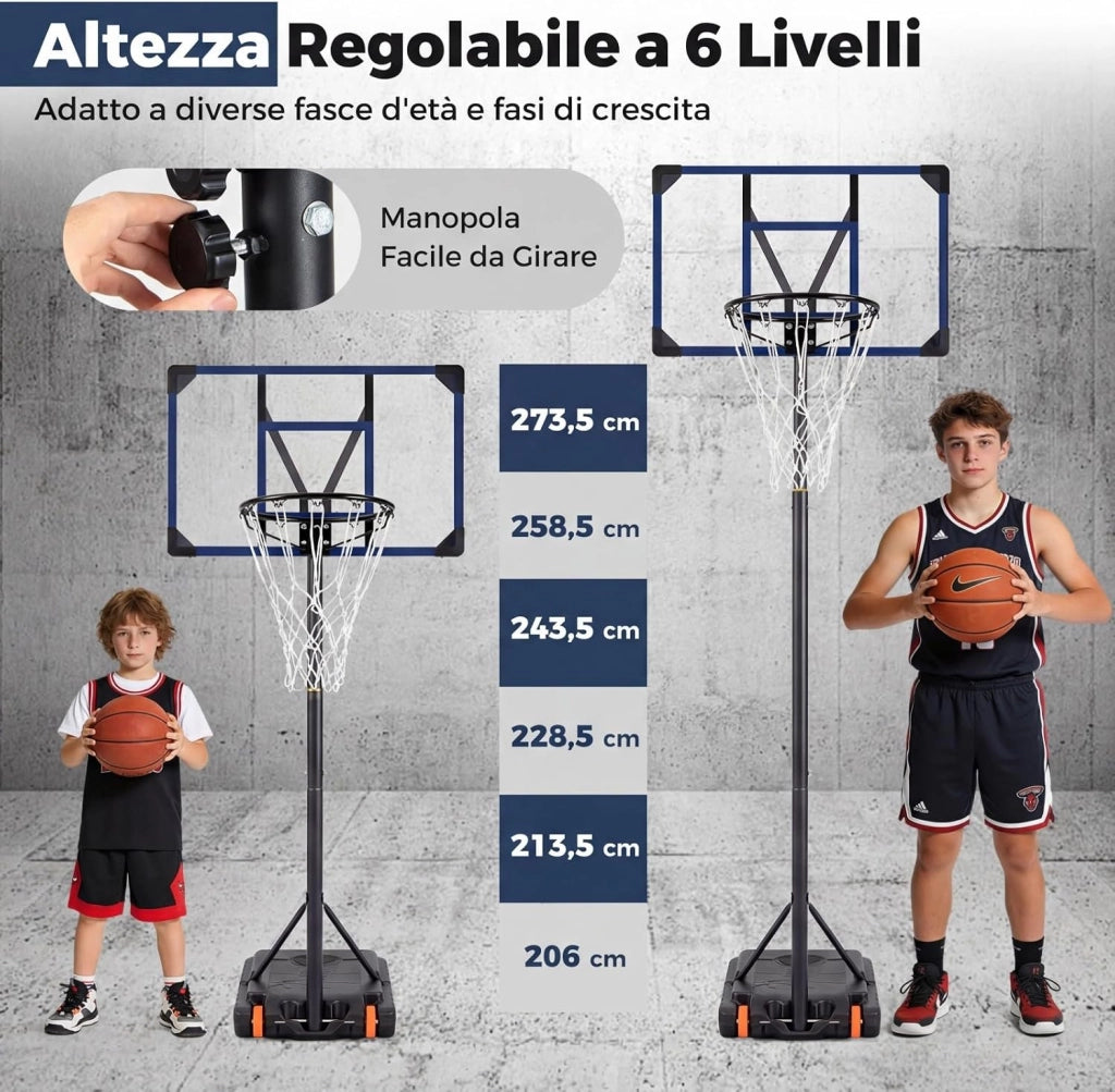 Canestro da Basket da Esterno, Canestro da Basket per Bambini con Altezza Regolabile 206-273,5 cm, Tabellone 82 cm e Base Riempiibile con Ruote, Sistema di Basket Portatile da Interno