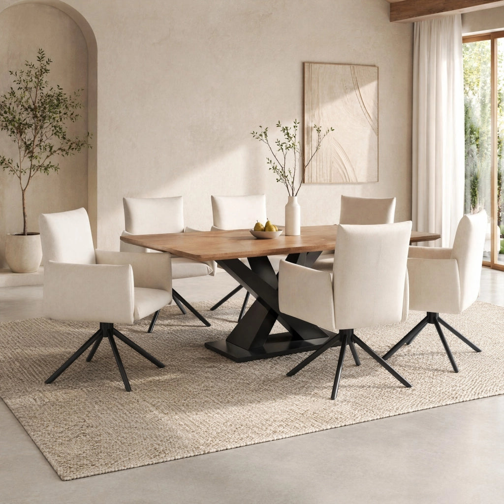 SEDIA Imbottita girevole 360° in velluto beige con 4 gambe in metallo Set da 6 pezzi