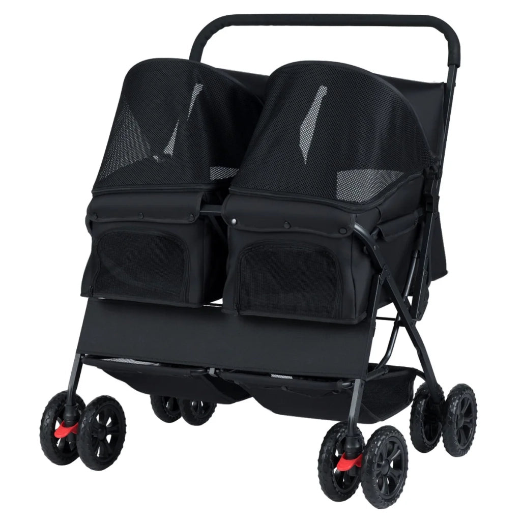 Passeggino doppio pieghevole a 4 ruote per cani 80 x 72 x 101 cm comfort ottimale con parasole regolabile alluminio nero 20_0017975
