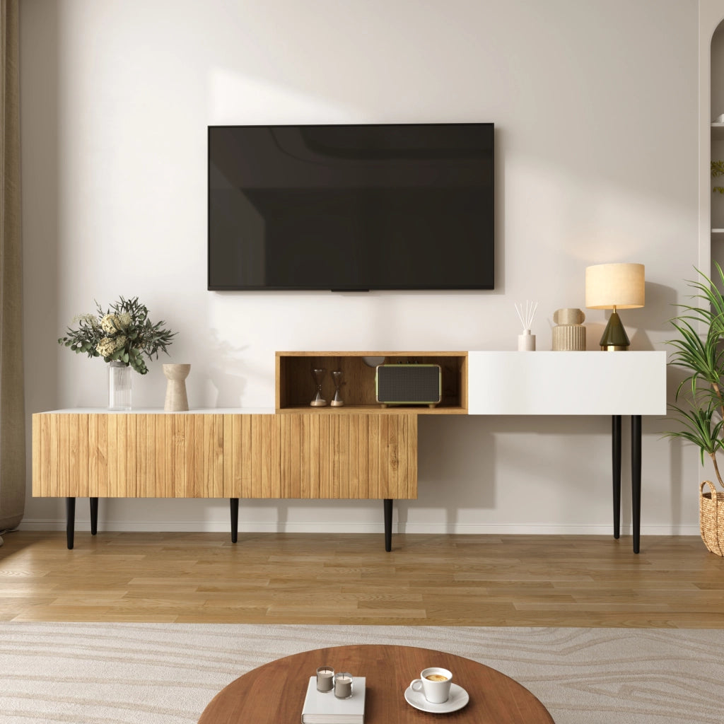Mobile TV Modulare 2 Pezzi con 3 Ante a Ribalta e Passacavi; Stile Moderno; 240??30??63;5 cm; in MDF; Bianco e Legno
