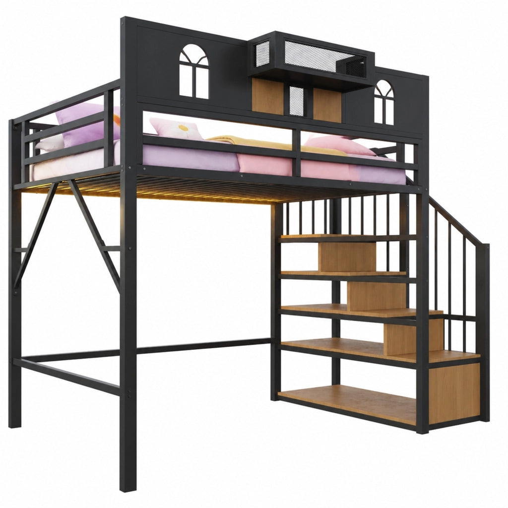Letto a soppalco 90x200 cm con scala portaoggetti e LED in metallo nero