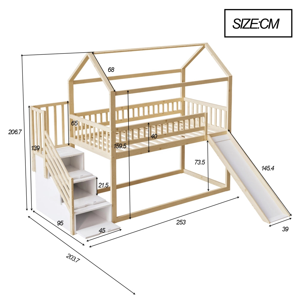 LETTO a soppalco per bambini con scivolo e scala contenitore 90x200 cm legno