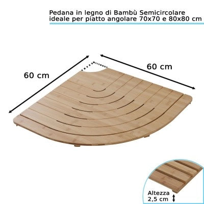Pedana doccia semicircolare in legno di bambù 60x60 cm