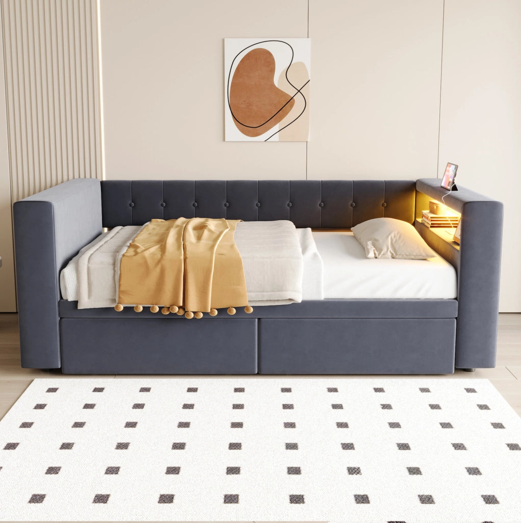 Divano letto multifunzionale 90x190 cm con LED; prese e contenitore; grigio scuro