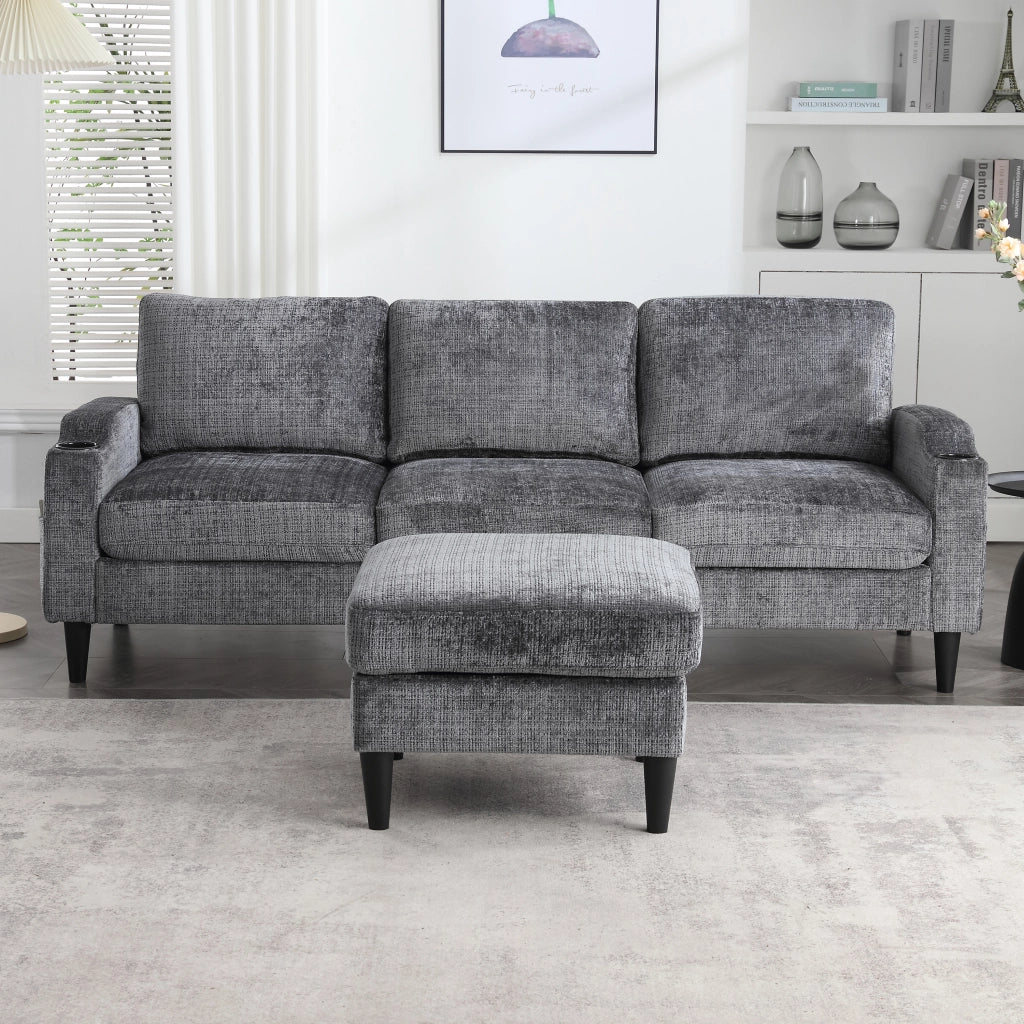 OKWISH Divano Modulare 4 Posti con Pouf Contenitore Portabicchieri e Tasche Laterali in Ciniglia Grigio