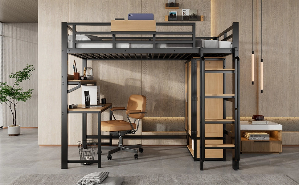 LETTO a soppalco con scrivania, armadio e ripiani 204x95x168,5 cm Nero/Naturale