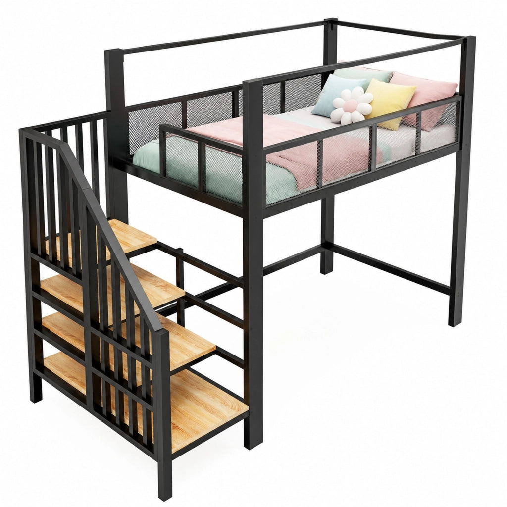 Letto a soppalco 90x200 cm nero in metallo; scala con contenitore e baldacchino