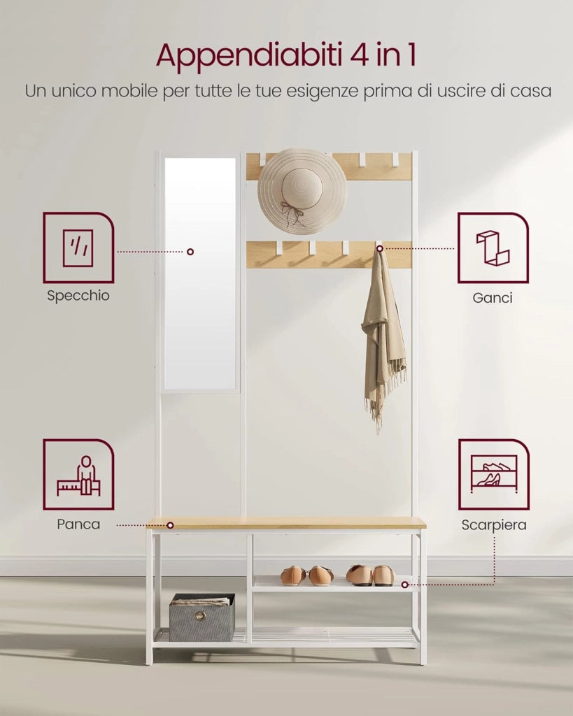VASAGLE Appendiabiti, Mobile Ingresso con Ganci, Specchio, Panca Scarpiera e Ripiani, 36 x 98 x 185 cm, Corridoio Camera da Letto Salotto, Color Rovere e Bianco HSR050W09