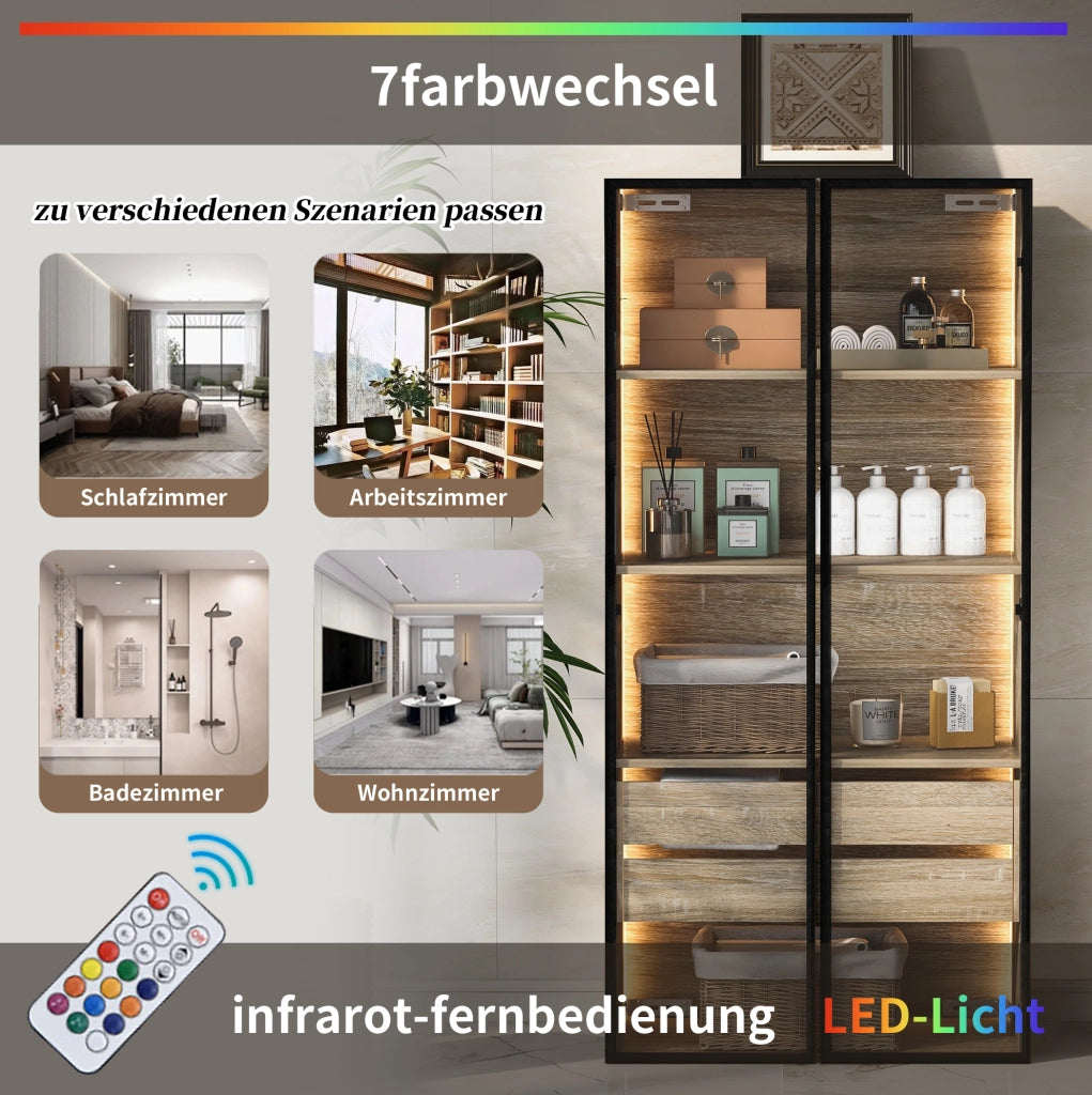 Set di 2 armadi in MDF con LED e vetro satinato naturale