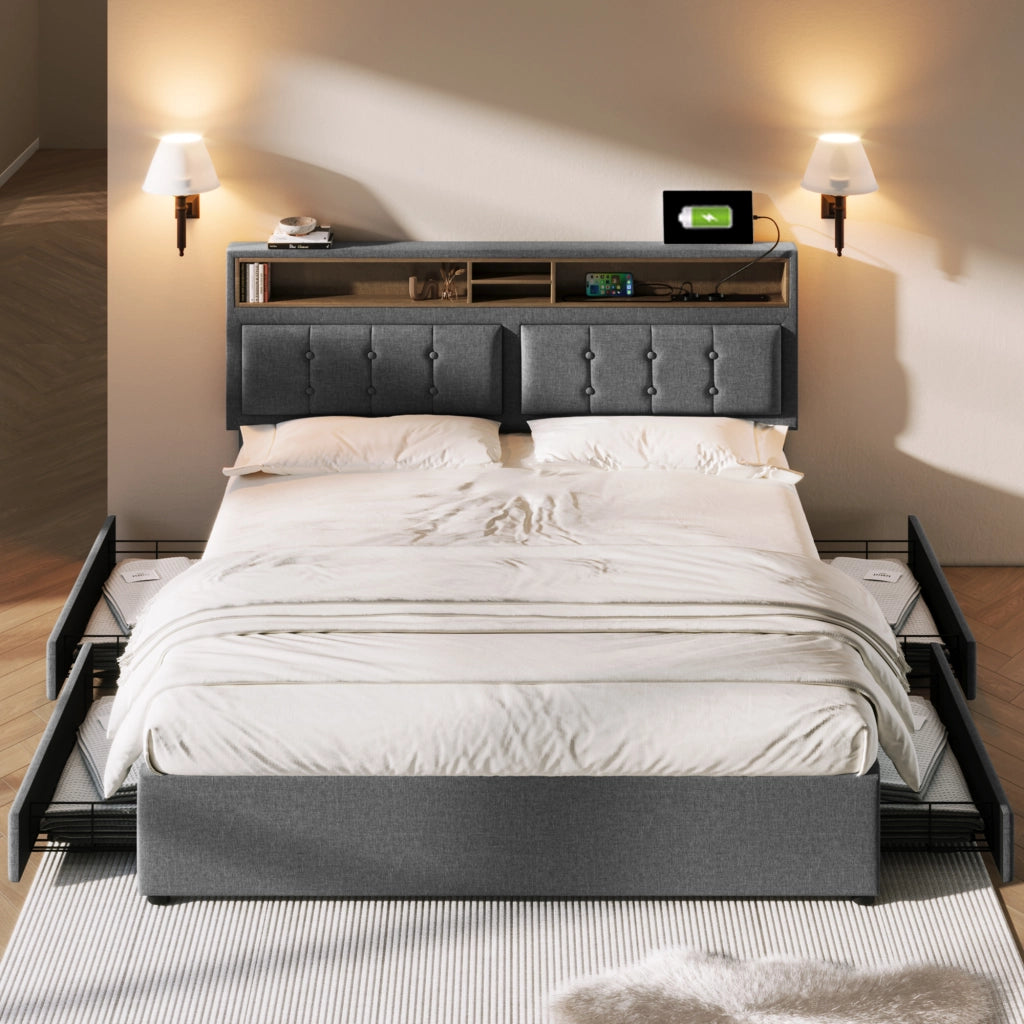 Letto matrimoniale – 140x200 cm – 4 cassetti USBC testiera regolabile – legno