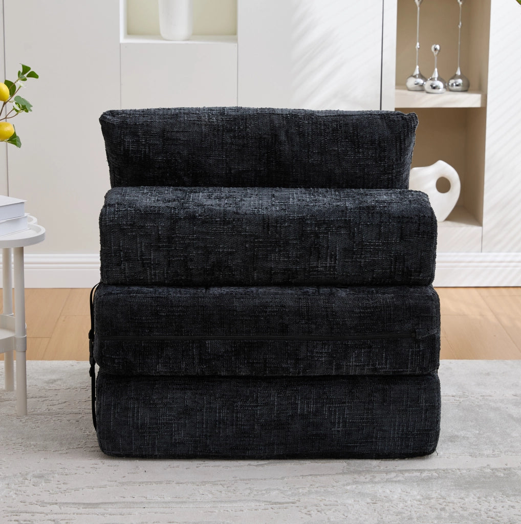 Divano letto pieghevole in chenille nero con cuscino testa e lombare