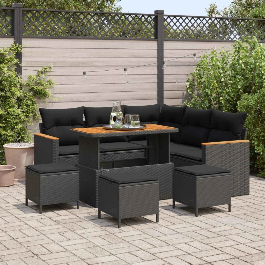 Set Divano da Giardino con cuscino Nero Poly Rattan
