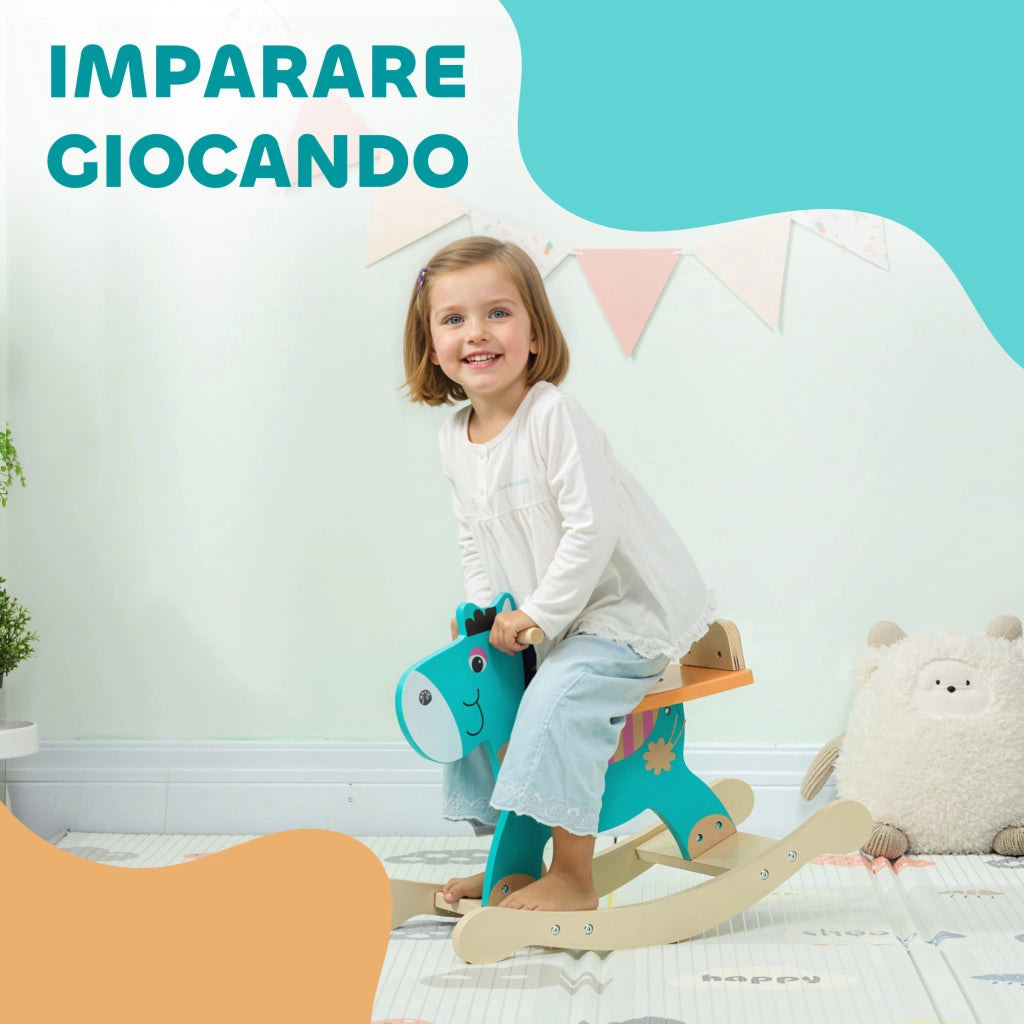 Cavallo a Dondolo Asino per Bambini Legno 59x27x43 cm Verde Scuro e Arancione