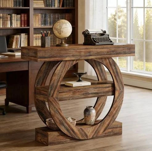 Tavolo consolle rustico a 3 ripiani in legno, 105 cm