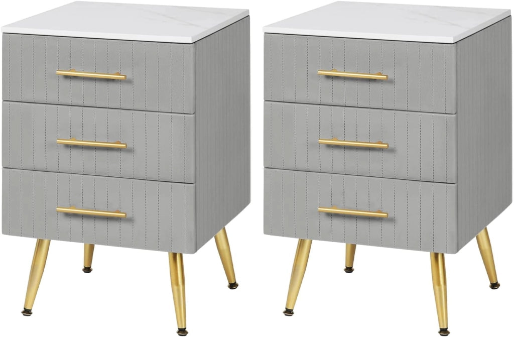 Set di 2 Comodino Camera da Letto in Velluto con Tre Cassetti, Cassettiera in Legno, Organizzatore da Letto, Gambe in Metallo, Bianco e Grigio, TS135gr-2