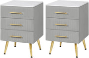 Set di 2 Comodino Camera da Letto in Velluto con Tre Cassetti, Cassettiera in Legno, Organizzatore da Letto, Gambe in Metallo, Bianco e Grigio, TS135gr-2