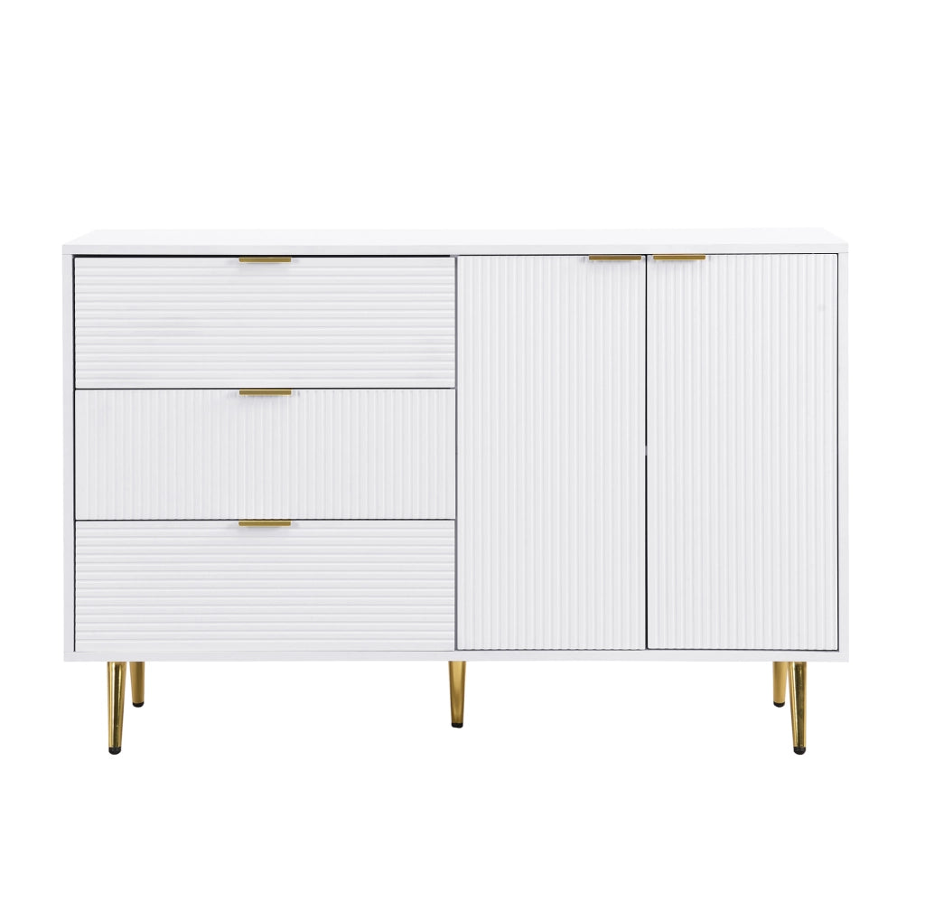 Credenza ULEVR 120x38x80,5 cm con 2 ante, 3 cassetti e ripiani interni, bianco e oro