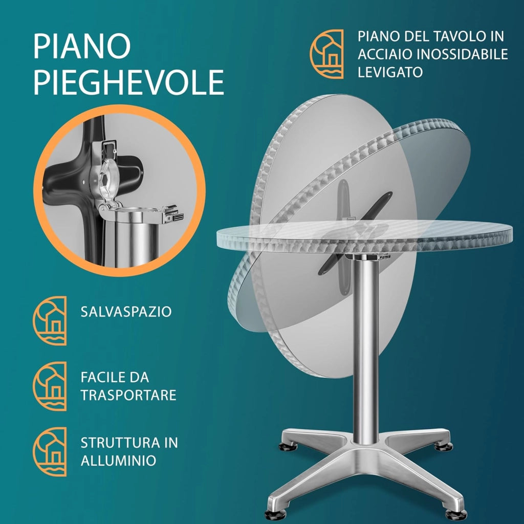 ® Tavolo Alto da Bar 2in1 con Fodera Regolabile in Altezza 70 cm / 115 cm in Alluminio Rotondo Ø60 cm Pieghevole per Esterni Giardino Bistrot Feste Tavoli da Ricevimento