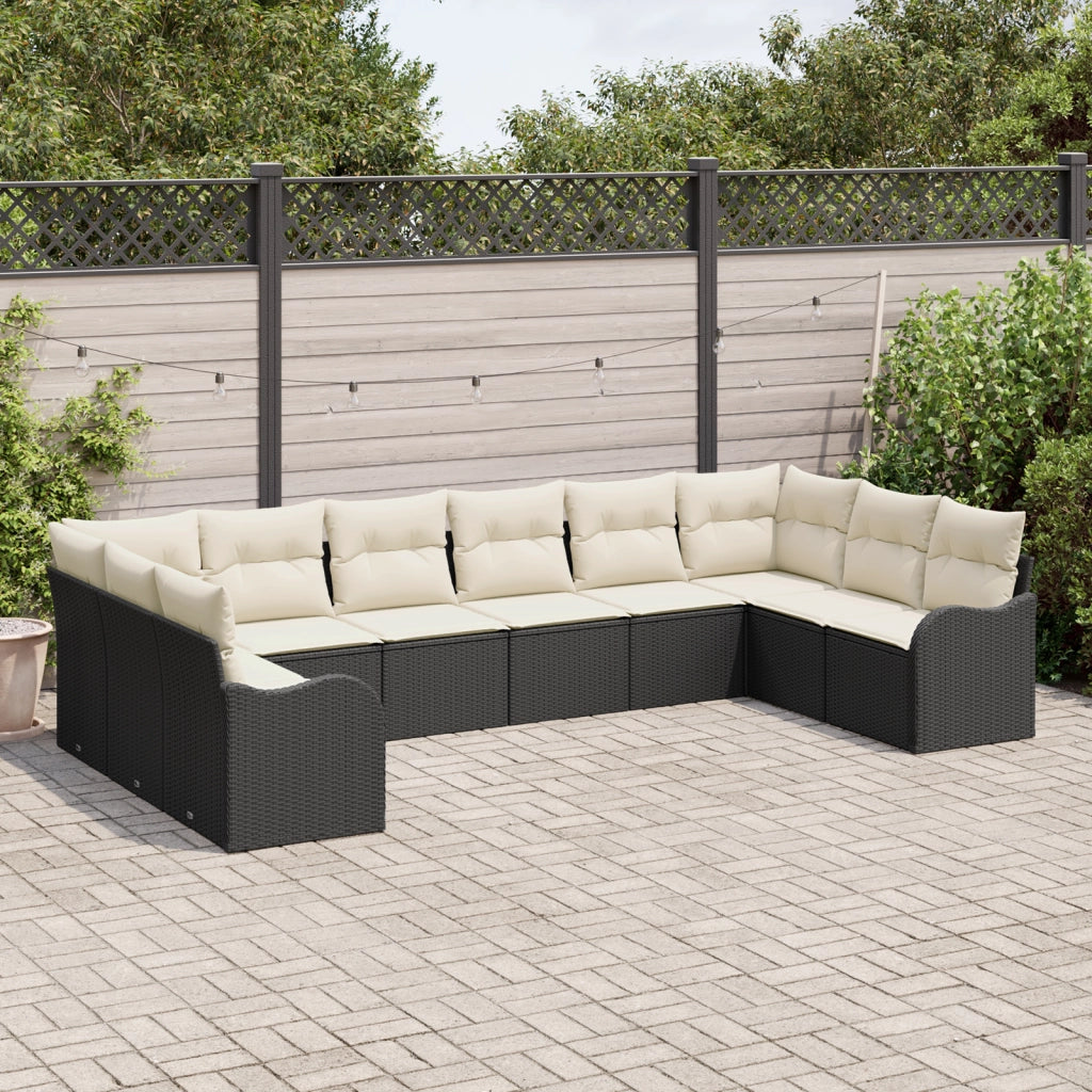 Set di divani da giardino di 10 pezzi con cuscini in polirattan nero