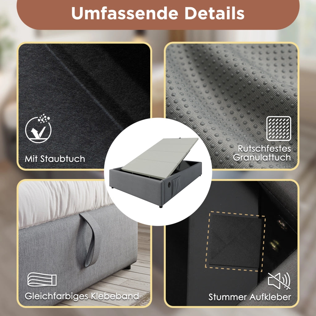 LETTO contenitore 90x200 cm con USB e Type-C tessuto grigio