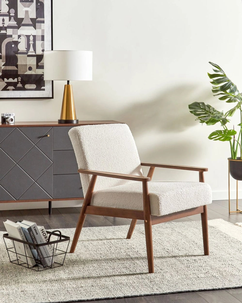 Poltrona Poliestere Boucle Bianco Sporco Rivestimento Retro Design Struttura in legno scuro Braccioli Soggiorno