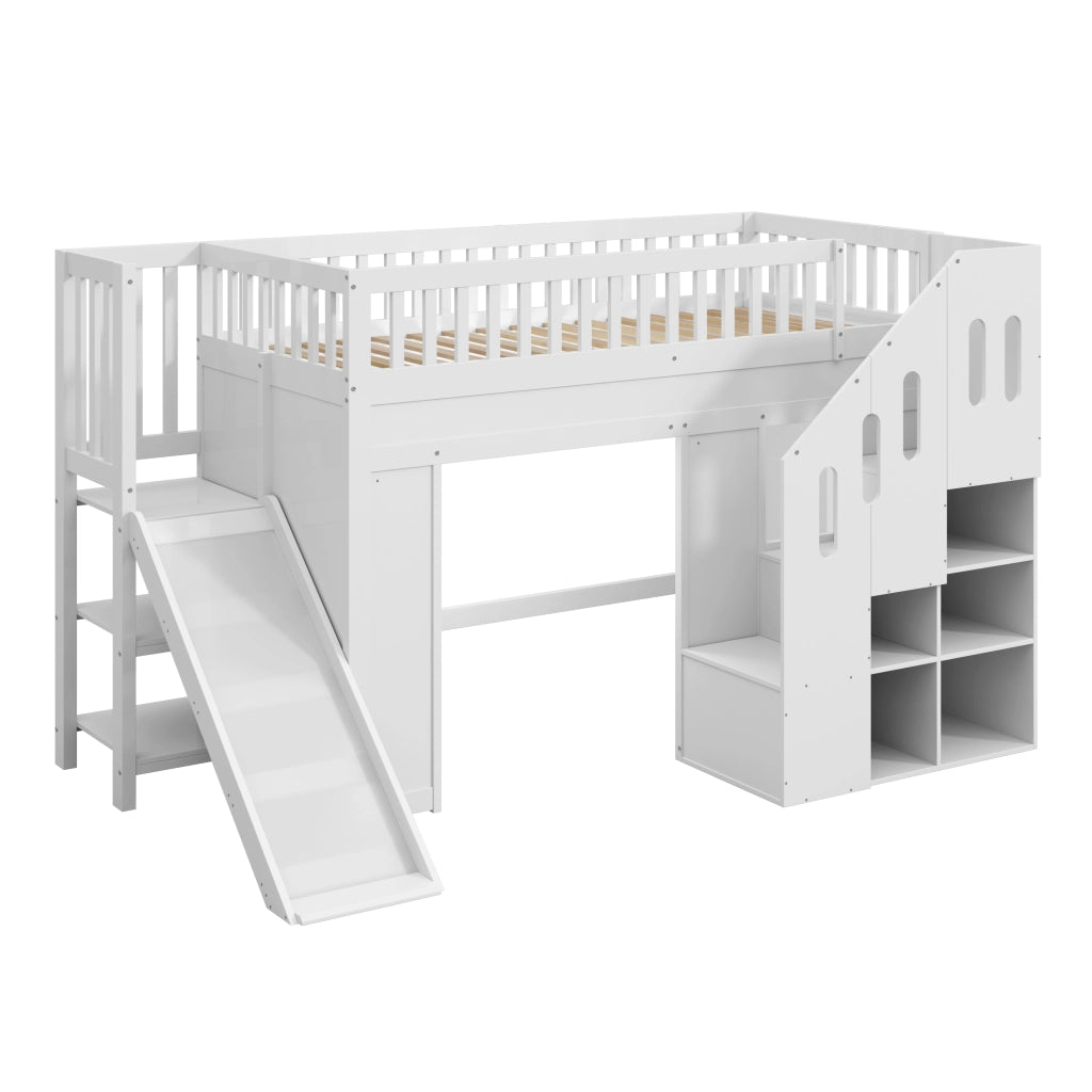 Letto a soppalco per bambini singolo 90 × 200 cm con scivolo, scala contenitore e luce led, senza materasso, bianco