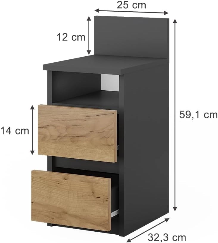 Comodino Monty, Antracite/quercia dorata, 25 x 59.1 cm Set di 2