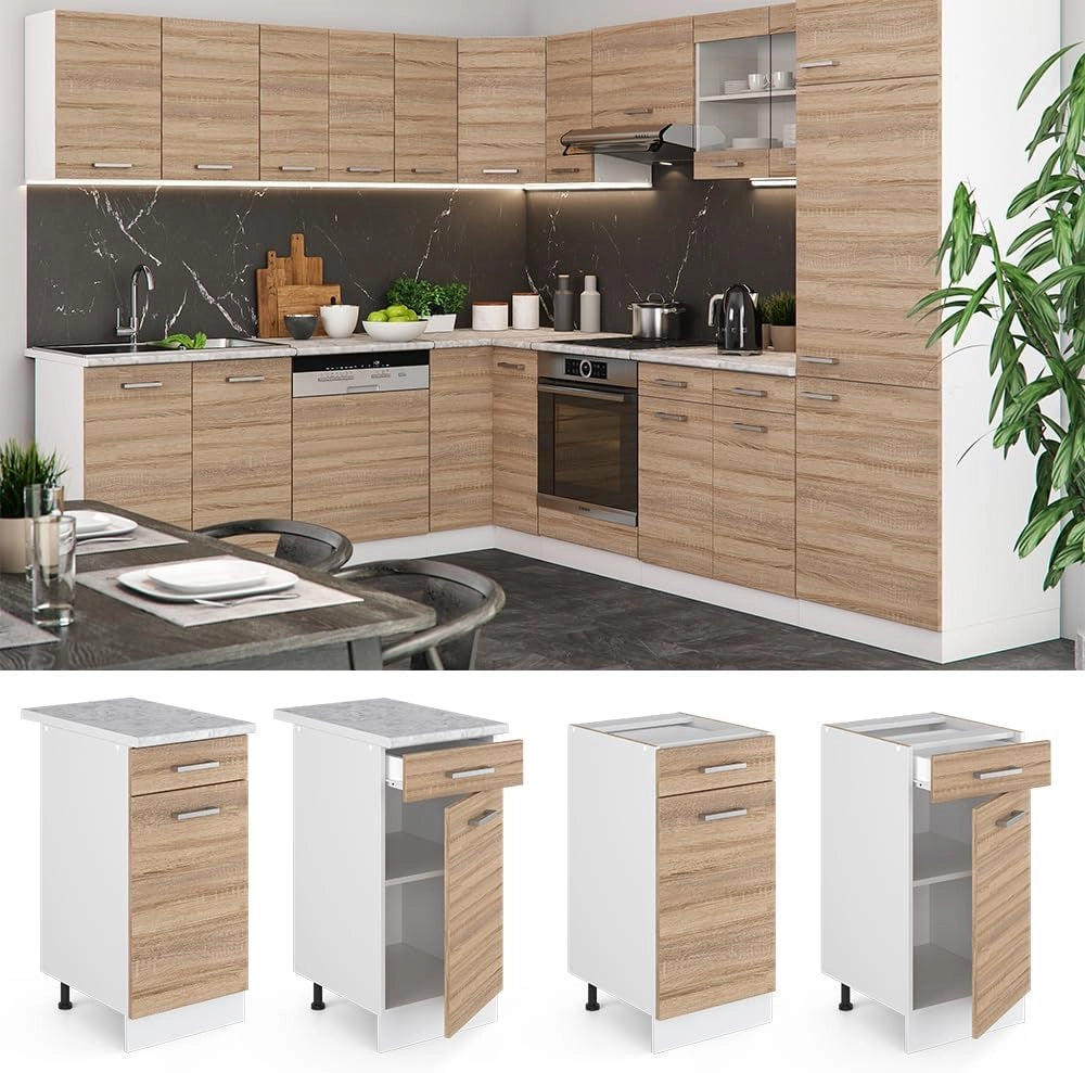 Mobiletto base per cucina R-Line, Sonoma, 40 cm, PL Marmo, per la libera combinazione all'interno di sistemi cucina modulari