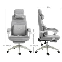 Sedia da Ufficio Ergonomica, Sedia da Scrivania con Rotelle, Cuscino Lombare, Poggiatesta e Poggiapiedi Estraibile, Grigia 62x68x117-127cm