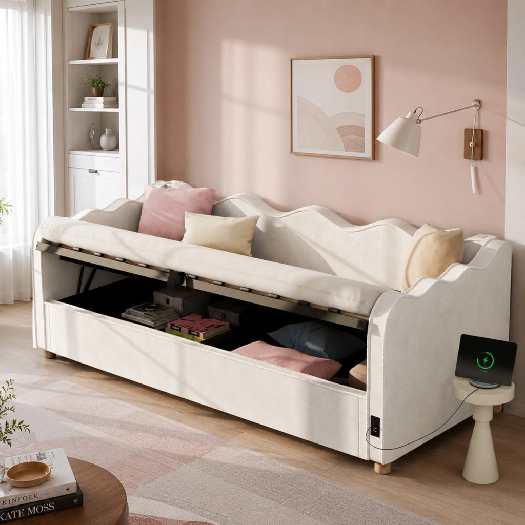 Letto contenitore per bambini 90 × 200 cm con contenitore idraulico, USB e Type-C, senza materasso, in velluto beige