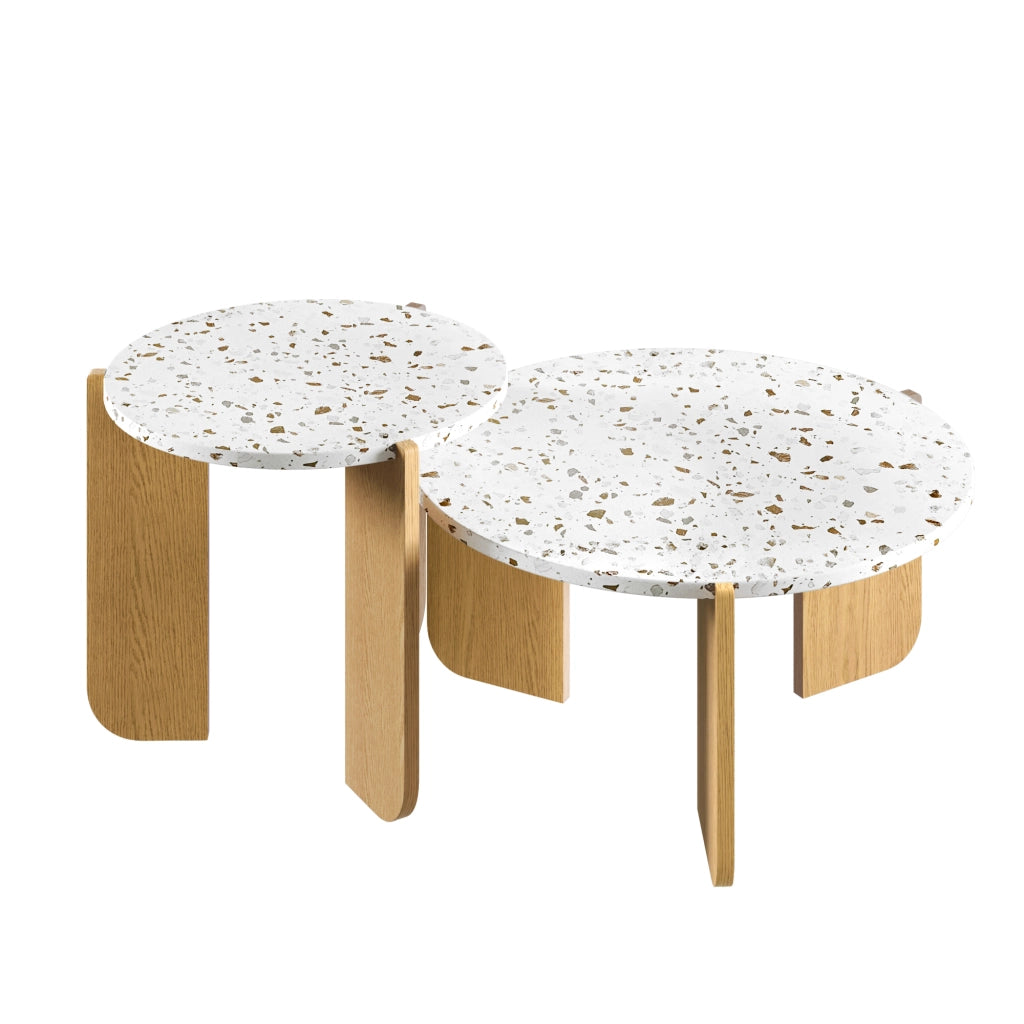 Tavolini bassi impilabili a nido in MDF, set da 2, con piano decorato e uso versatile per soggiorno e balcone