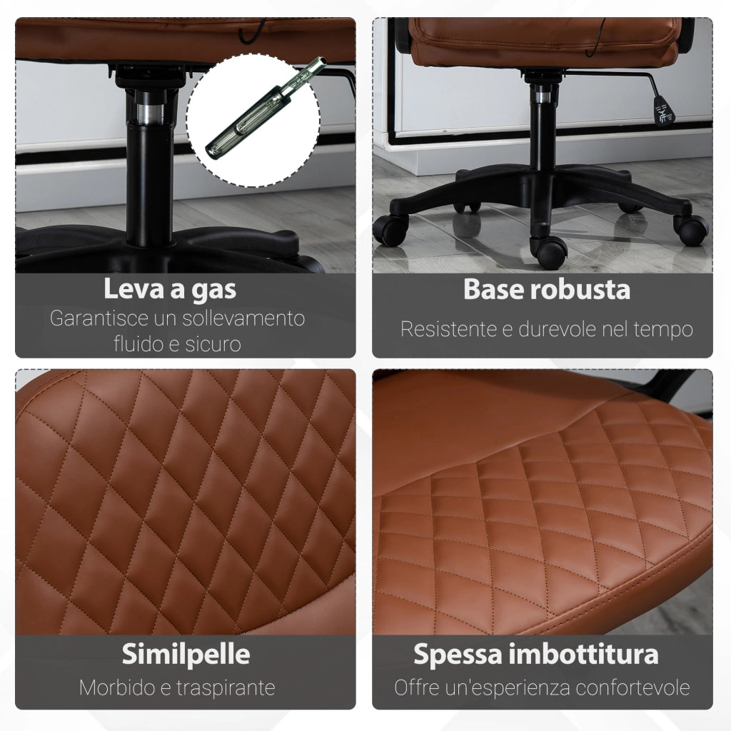 EasyComfort Sedia da Ufficio a Dondolo con 2 Punti Massaggianti e Porta USB, Poltrona da Ufficio in Finta Pelle Marrone con Altezza Regolabile, 59x63x92-101cm