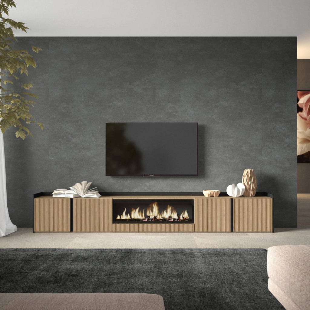 Mobile TV Soggiorno, 315x50x35 cm, Per TV fino a 80", Camino elettrico XXL, Rovere e nero