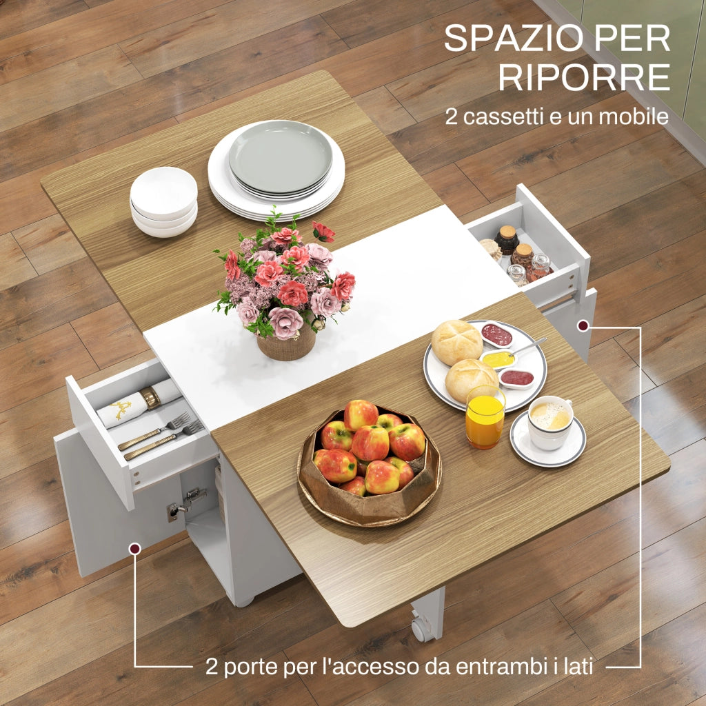 Tavolo Rettangolare Allungabile con Cassetti e Armadietto ¨C Minimal ¨C Bianco e Legno 140x76x74