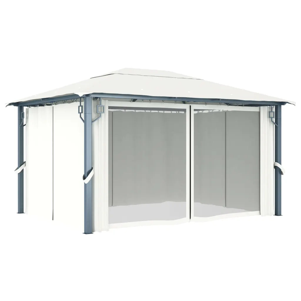 Gazebo con Tende Stringa di Luci LED 400x300 cm Crema Alluminio 3070335