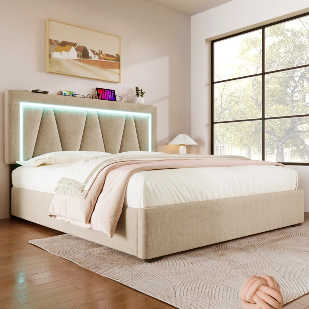 Letti contenitori 160x200 cm con LED e USB; lino beige; contenitore (Senza materasso)