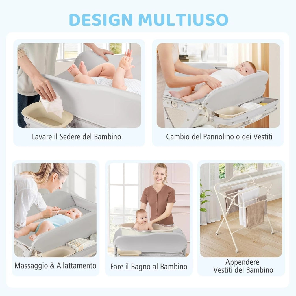 Fasciatoio Pieghevole Neonato, Fasciatoio Portatile con Altezza Regolabile a 3 Livelli, con Bacino, Cestino Portaoggetti e Cintura di Sicurezza, 4 Ruote Bloccabili, Portata 11 kg (Grigio)