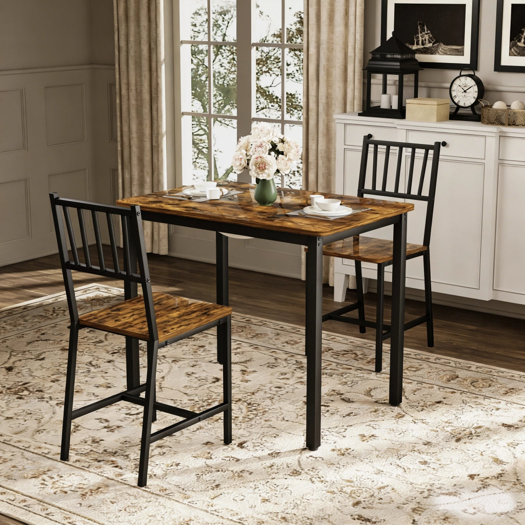 Tavolo da pranzo 2 posti con 2 sgabelli per cucina in truciolare e metallo 90×60×75.5 cm marrone e nero