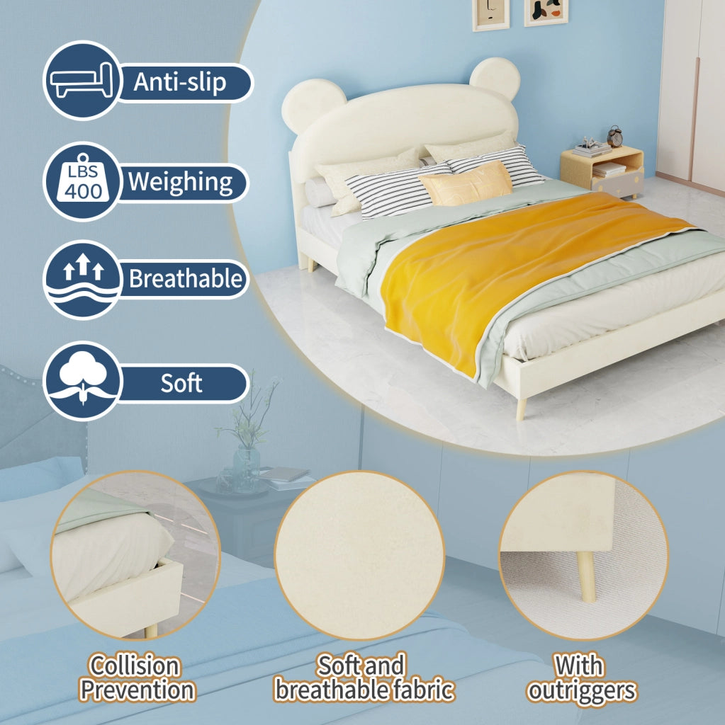 Letto per bambini imbottito 140x200 cm beige con testiera effetto peluche e materasso