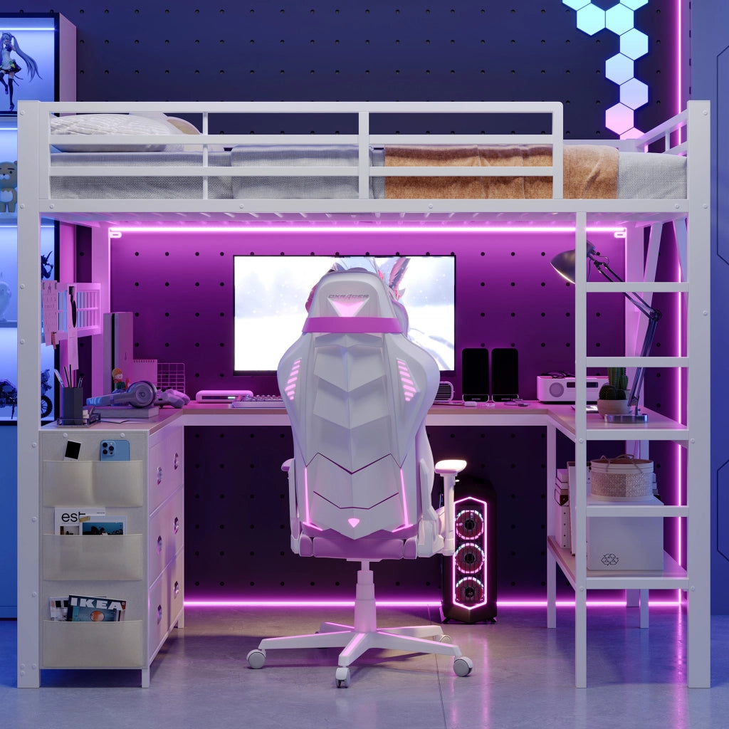 Letto a soppalco gaming 140x200 in metallo bianco con scrivania cassetti e luci LED