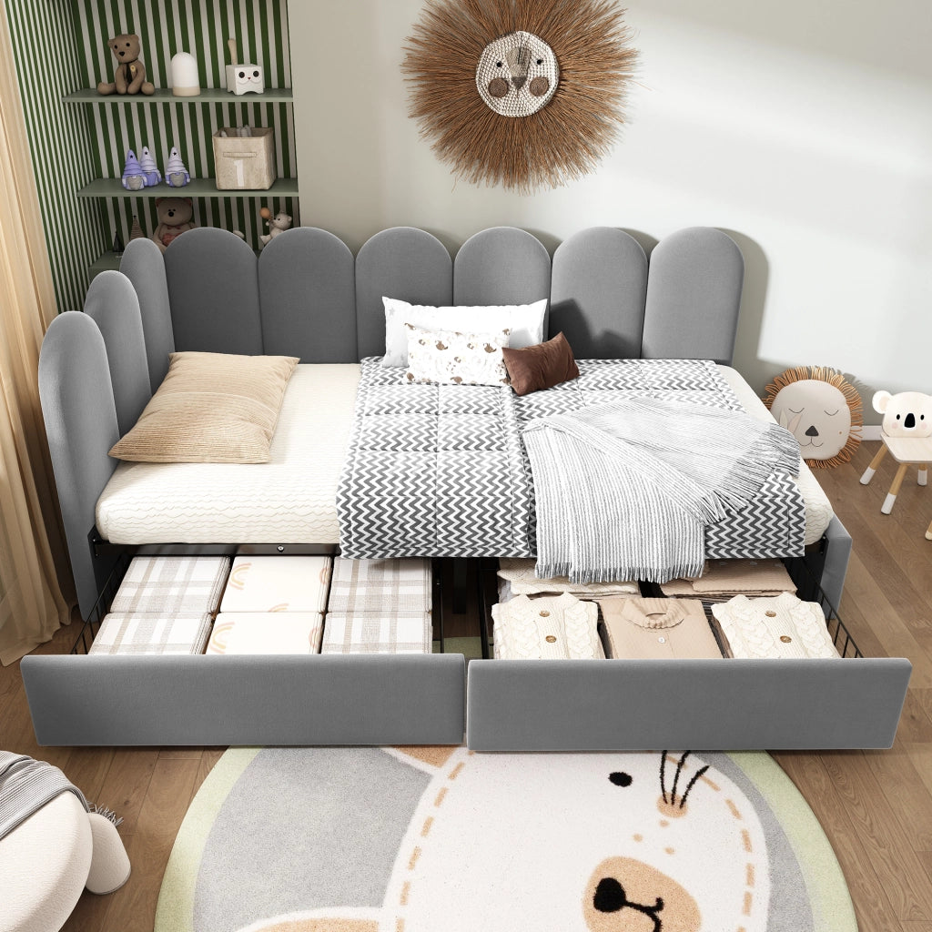 OKWISH Letto Divano 90×190 cm, Letto Singolo con 2 Cassetti e Schienale Imbottito, senza Materasso, in Velluto, Grigio