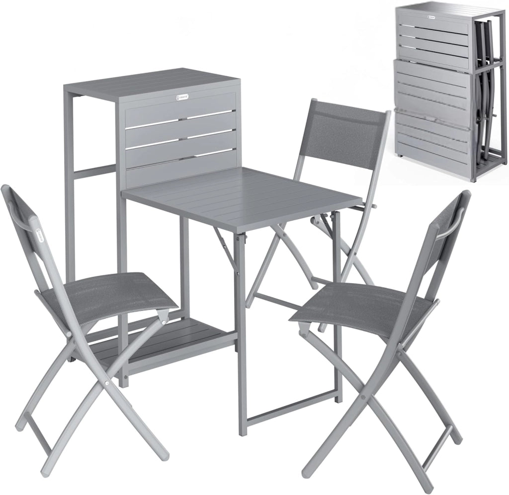 ® Set di Mobili Balcone 3 Sedie Tavolo Pieghevole Salvaspazio in Acciaio Verniciato Salottino Giardino Terrazze Grigio