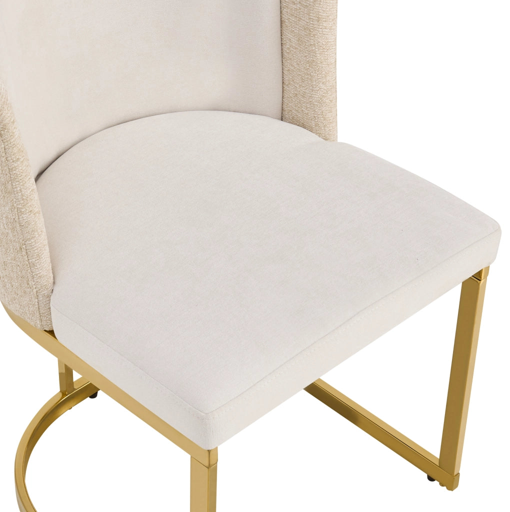 Set di 2 sedie da pranzo in chenille beige e oro con schienale doppio e gambe metalliche