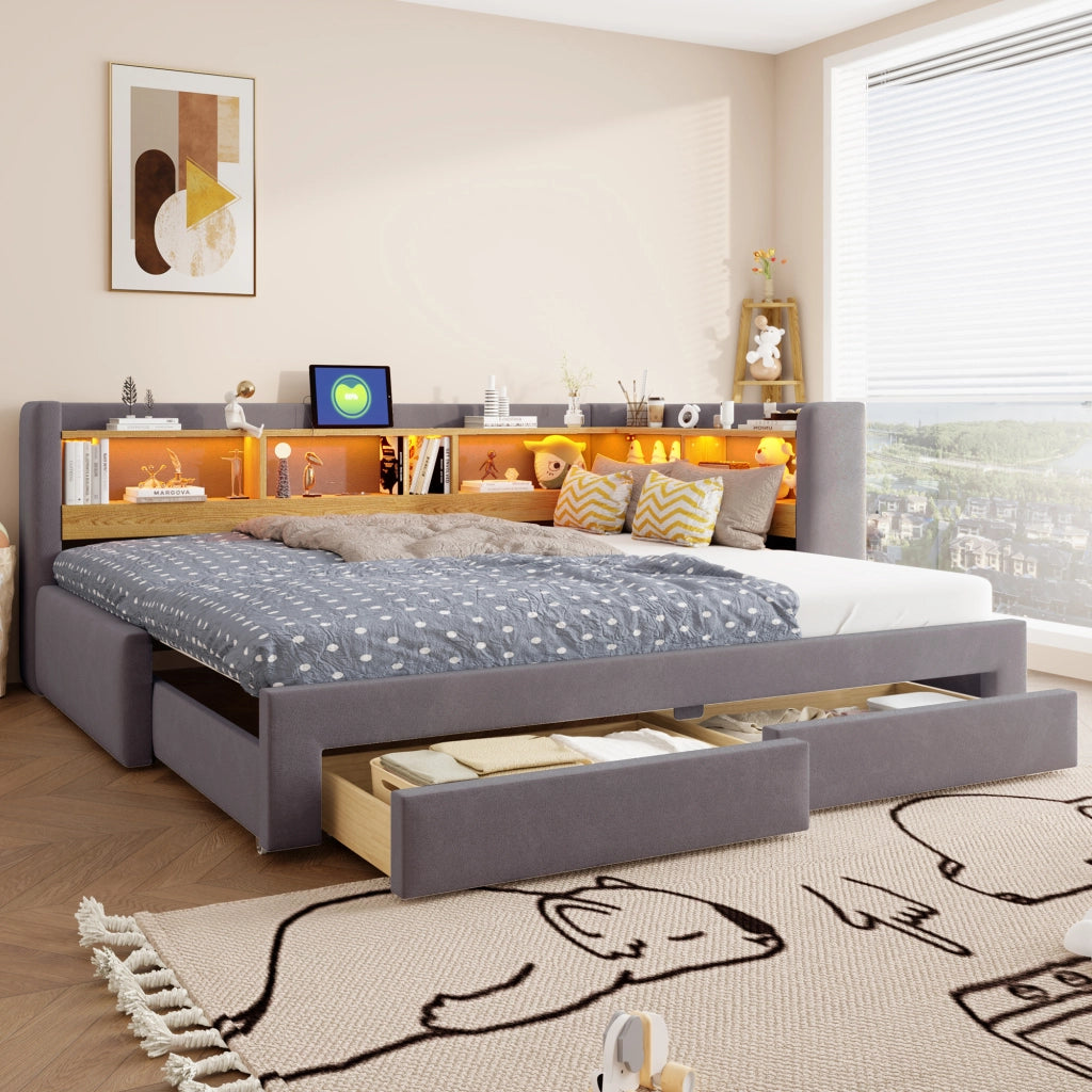 Divano letto estraibile 3 in 1 90x200 cm con cassetti; LED e presa; grigio