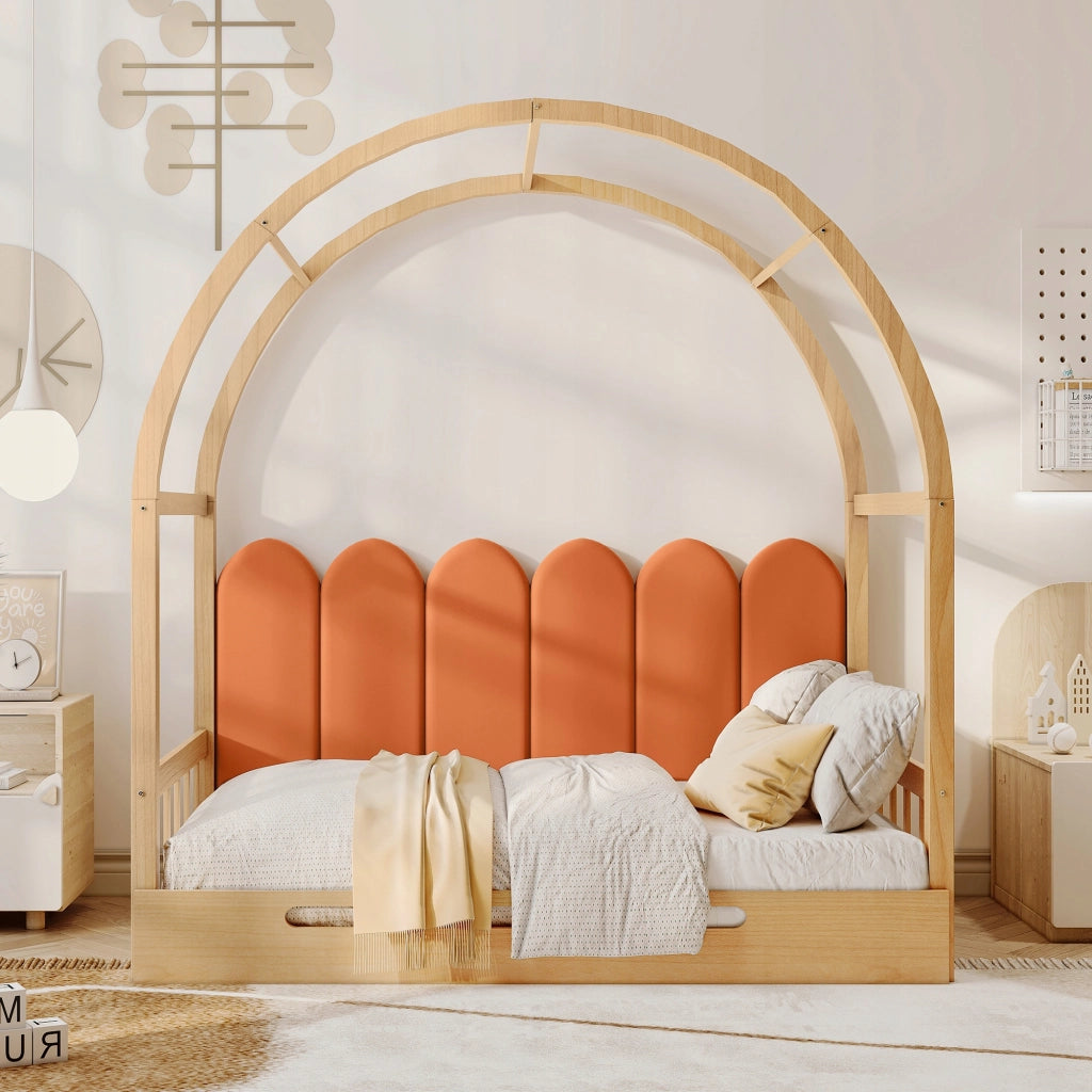 Letto con struttura estraibile - Xylo - 140x100cm&140x200cm - Naturale e arancione