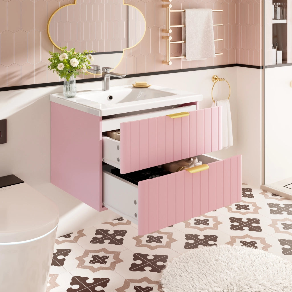 Mobile sottolavabo sospeso con lavabo in ceramica a 2 livelli in MDF rosa e bianco 28,3 kg