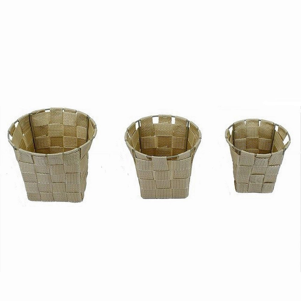 Trade Shop - Set 3 Cestini Rotondi Porta Oggetti In Tessuto Beige Per Bagno Casa Cucina 79045 -