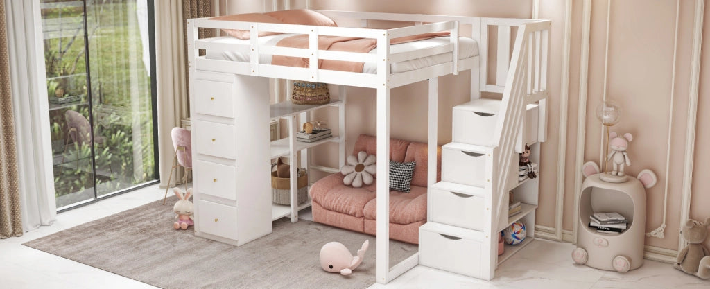 Letto a soppalco in legno massiccio 140x200 cm con cassetti e scala di sicurezza bianco