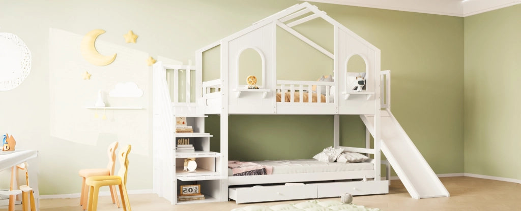 Letto a castello per bambini 90x200 cm con design a casetta, scivolo, scala con contenitore e cassetti, bianco