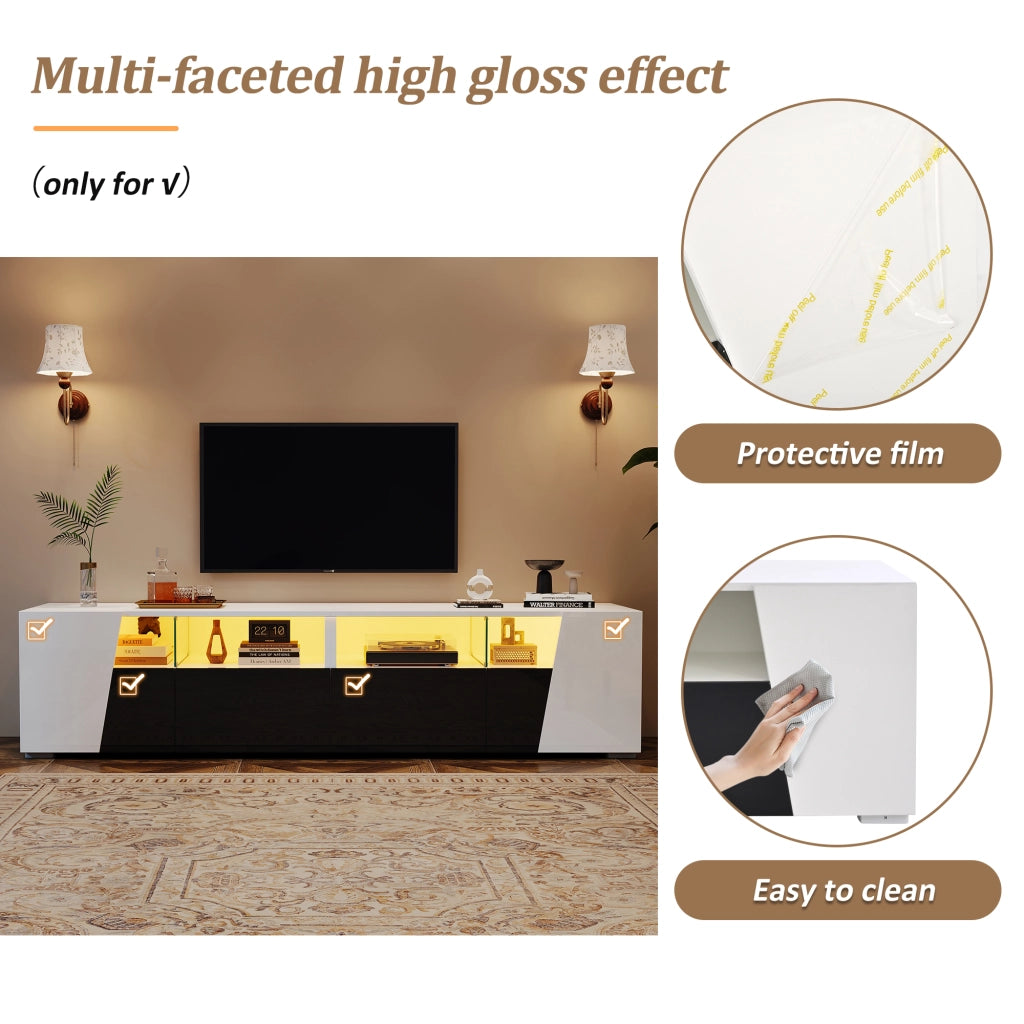 Mobile porta tv con led 2 ante 2 cassetti 4 vani aperti per soggiorno in mdf e vetro bianco e nero 180 × 38,5 × 45 cm